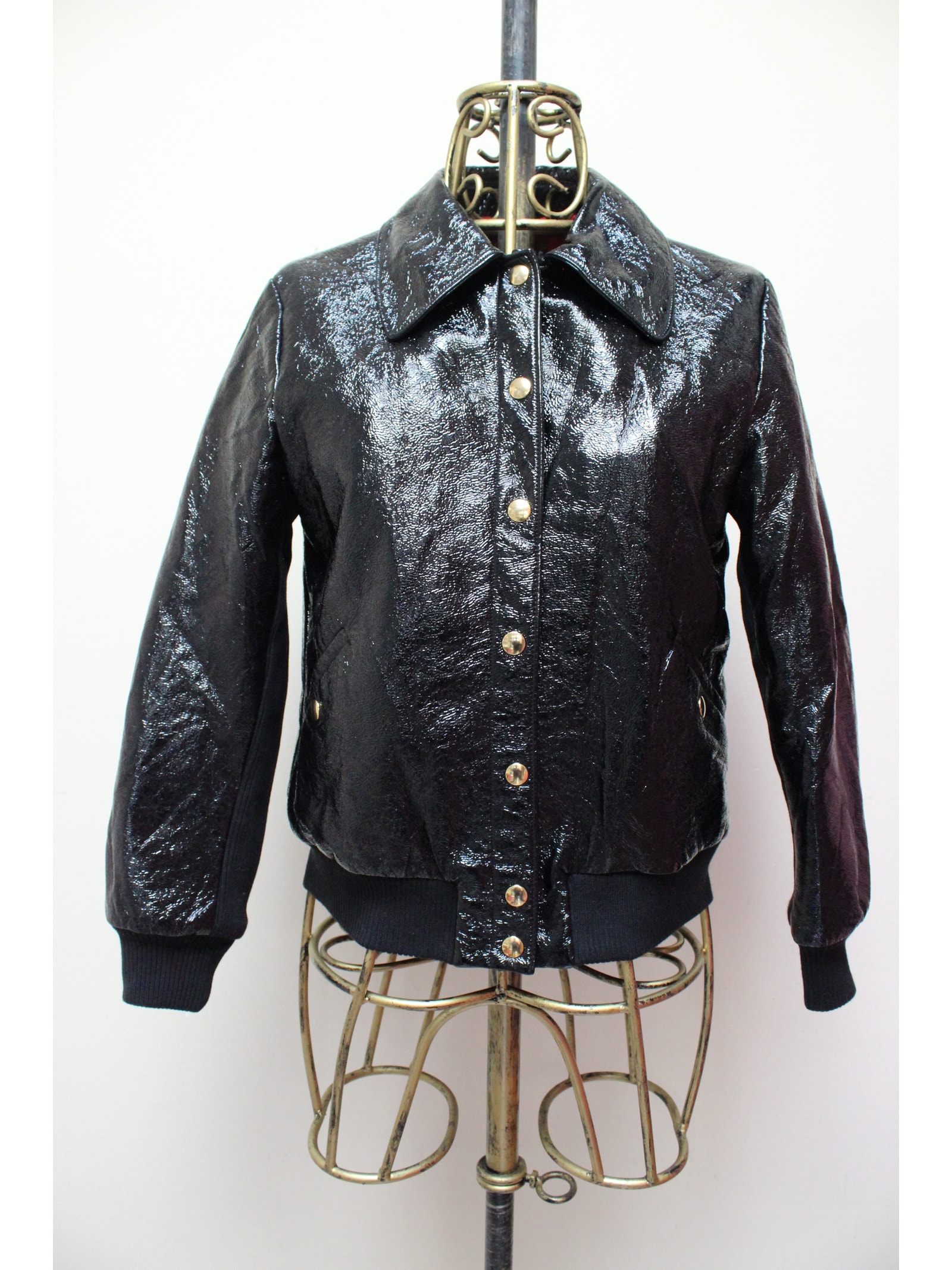 Alexa Chung Black Faux Patent Crinkled Leather Bomber Jacket Size Uk 10/Us 6
